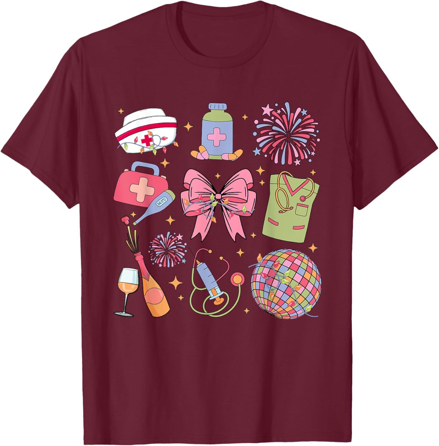 Groovy New year 2025 ER ICU Nurse Coquette Party T-Shirt - T-Shirt | Maroon