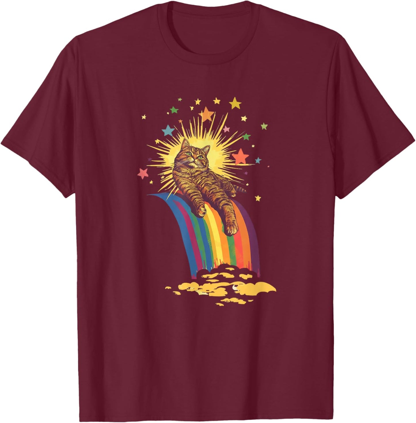 Retro Vintage Relaxed Tabby Cat Lounging On A Rainbow T-Shirt - T-Shirt | Maroon