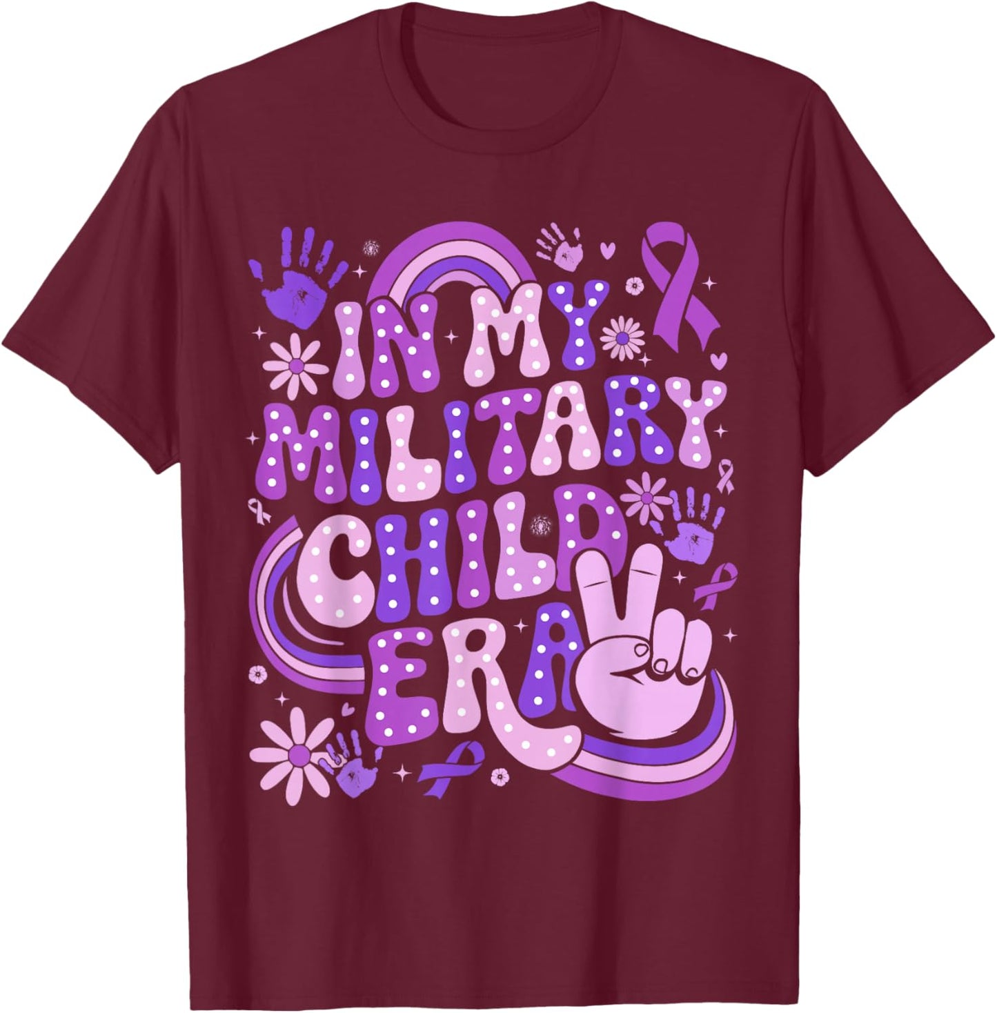 in My Military Child Era Groovy Purple Up for Military Kids T-Shirt - T-Shirt | Maroon