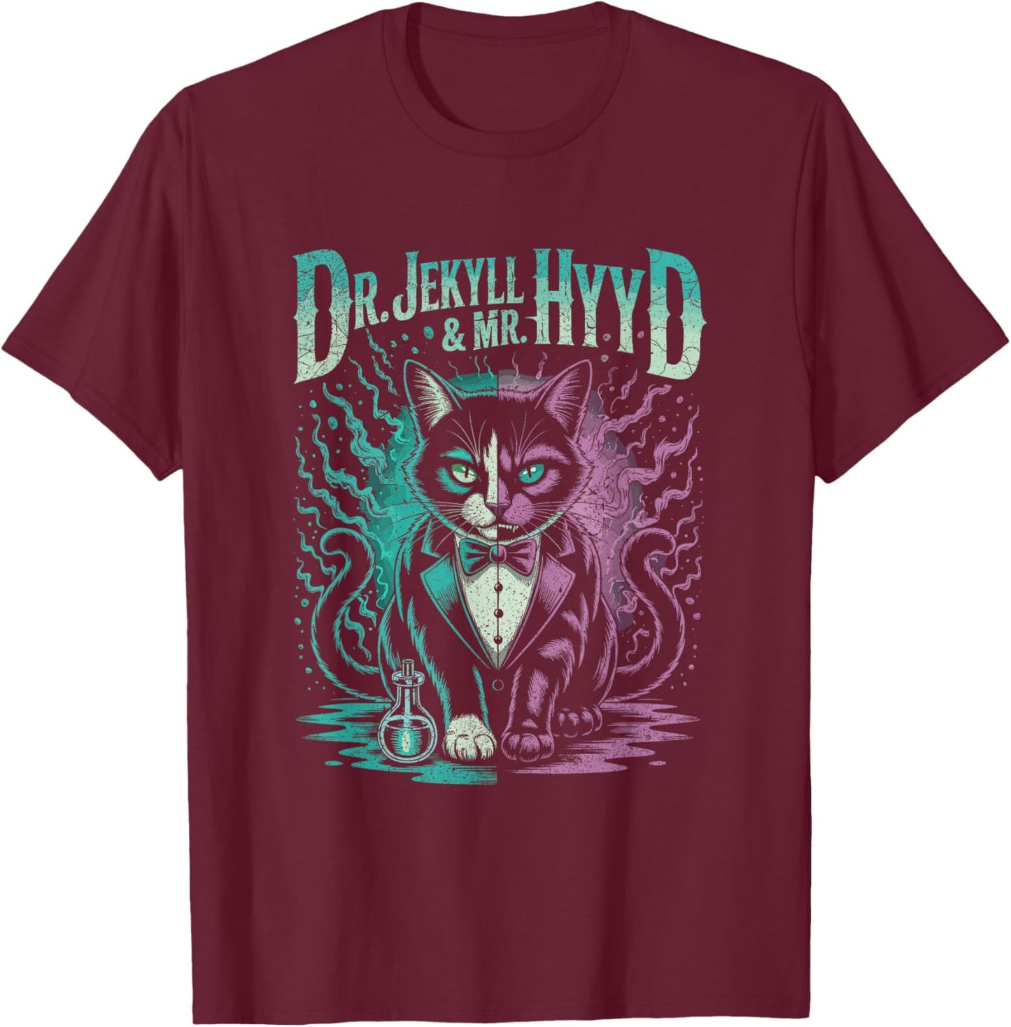 Split Personality Cat Dr Jekyll and Mr Hyde Halloween T-Shirt - T-Shirt | Maroon