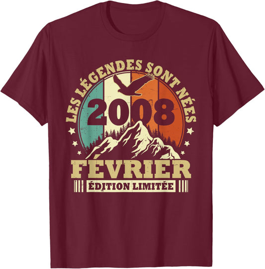 Legends Are Born in February 2008, Birthday 18 Years T-Shirt - T-Shirt | Maroon