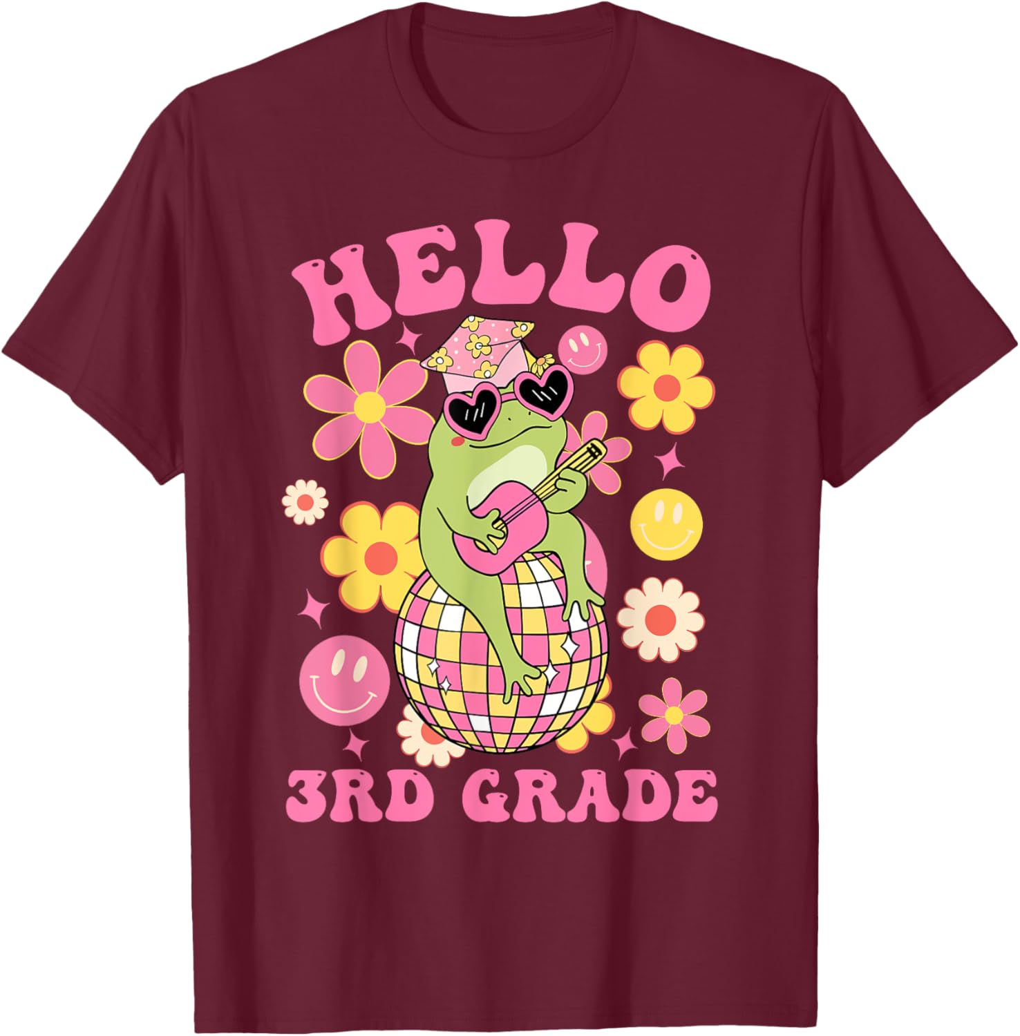 Hello Third 3rd Grade-Back To School Groovy Frog Funny Kids T-Shirt - T-Shirt | Maroon