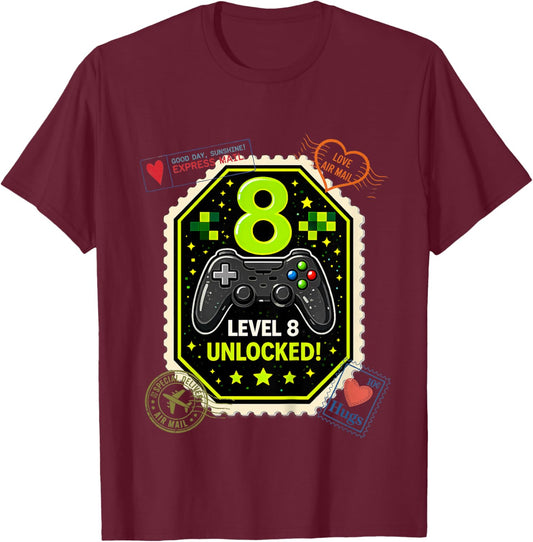 8th Birthday Gaming Level 8 Unlocked - Boys or Girl Gamer T-Shirt - T-Shirt | Maroon