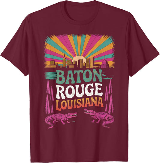 Retro Baton Rouge Louisiana Sunset Skyline Vintage T-Shirt - T-Shirt | Maroon