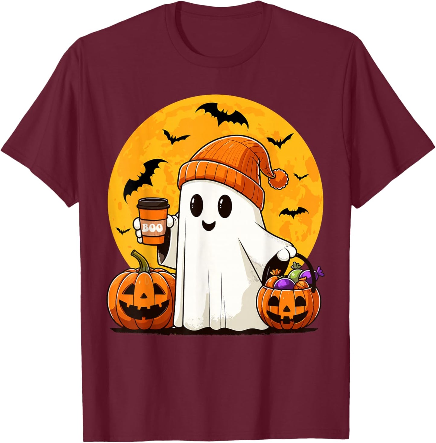 Cute Ghost Drinking Coffee Pumpkin Boo Funny Halloween Ghost T-Shirt - T-Shirt | Maroon