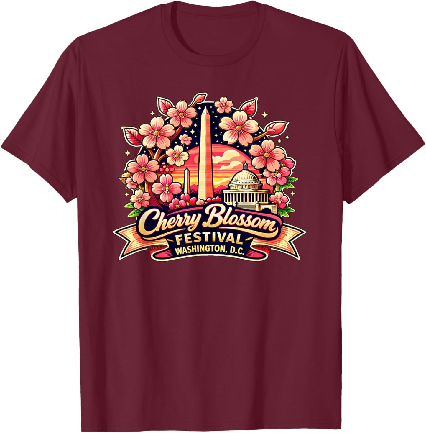Cherry Blossom Festival Washington DC Monument Floral T-Shirt - T-Shirt | Maroon