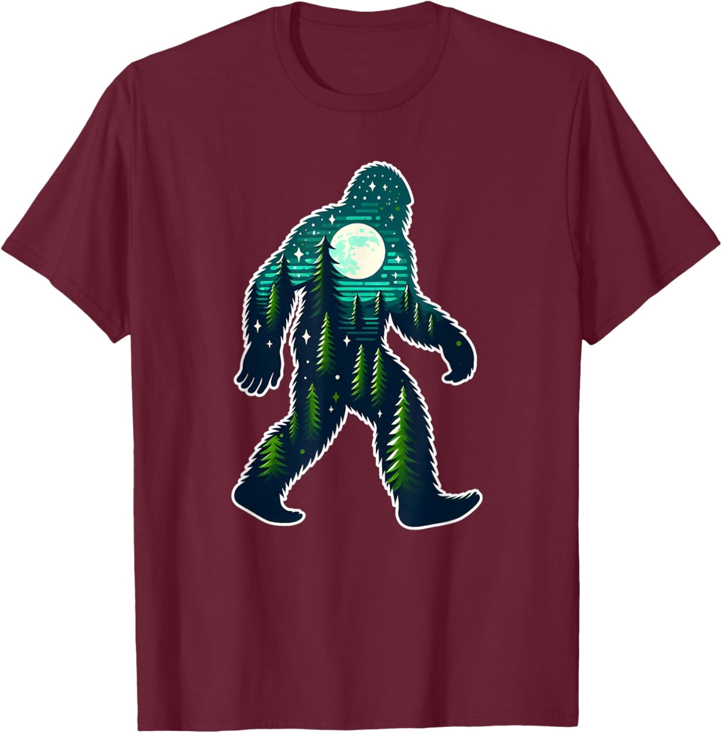 Bigfoot Sasquatch Evening Forest Silhouette T-Shirt - T-Shirt | Maroon