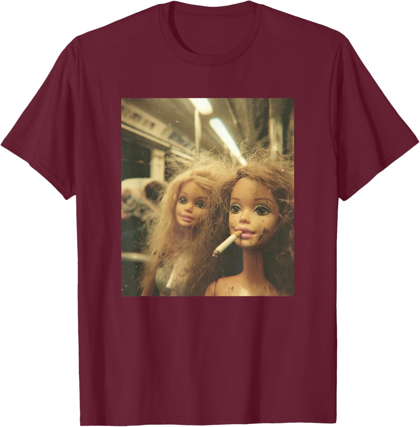 Retro Funny Distressed Doll Smoking Meme Sarcastic Graphic T-Shirt - T-Shirt | Maroon