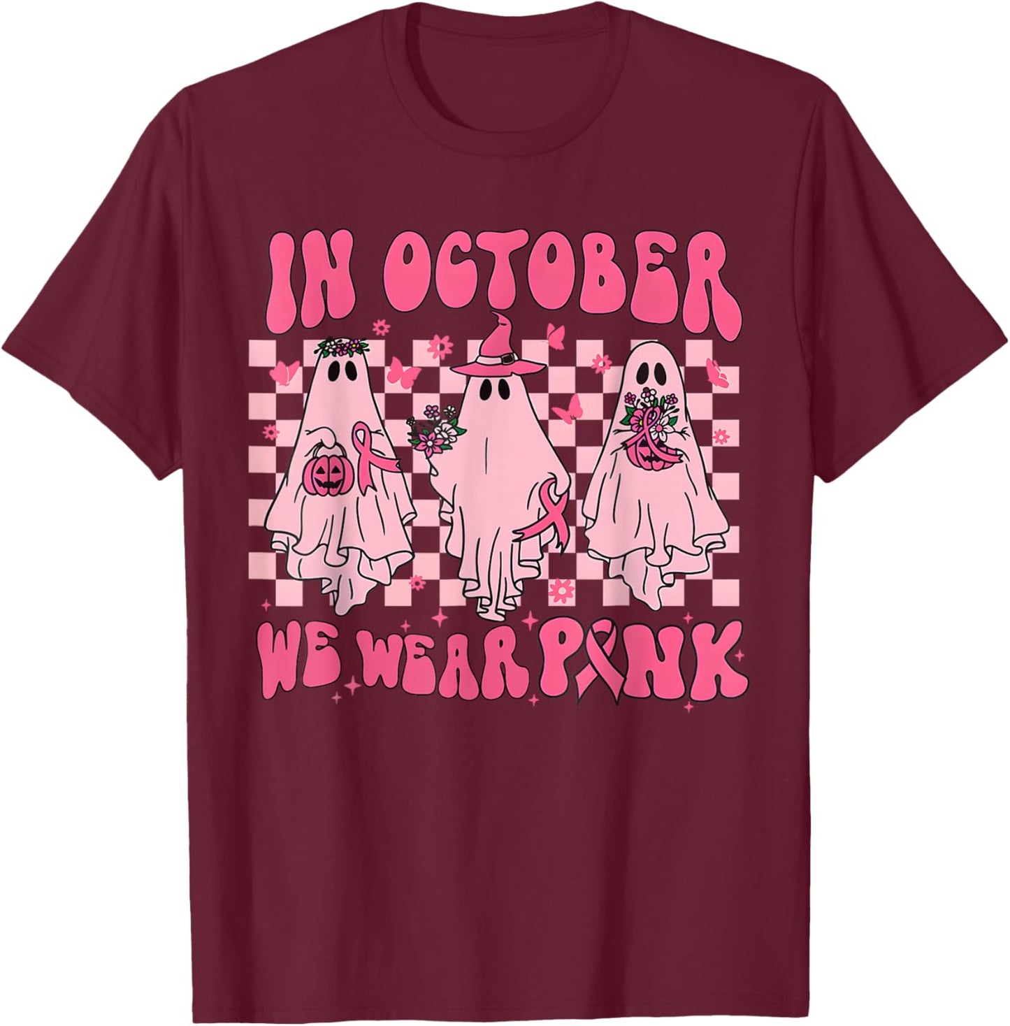 In October We Wear Pink Ghost Groovy Breast Cancer Halloween T-Shirt - T-Shirt | Maroon