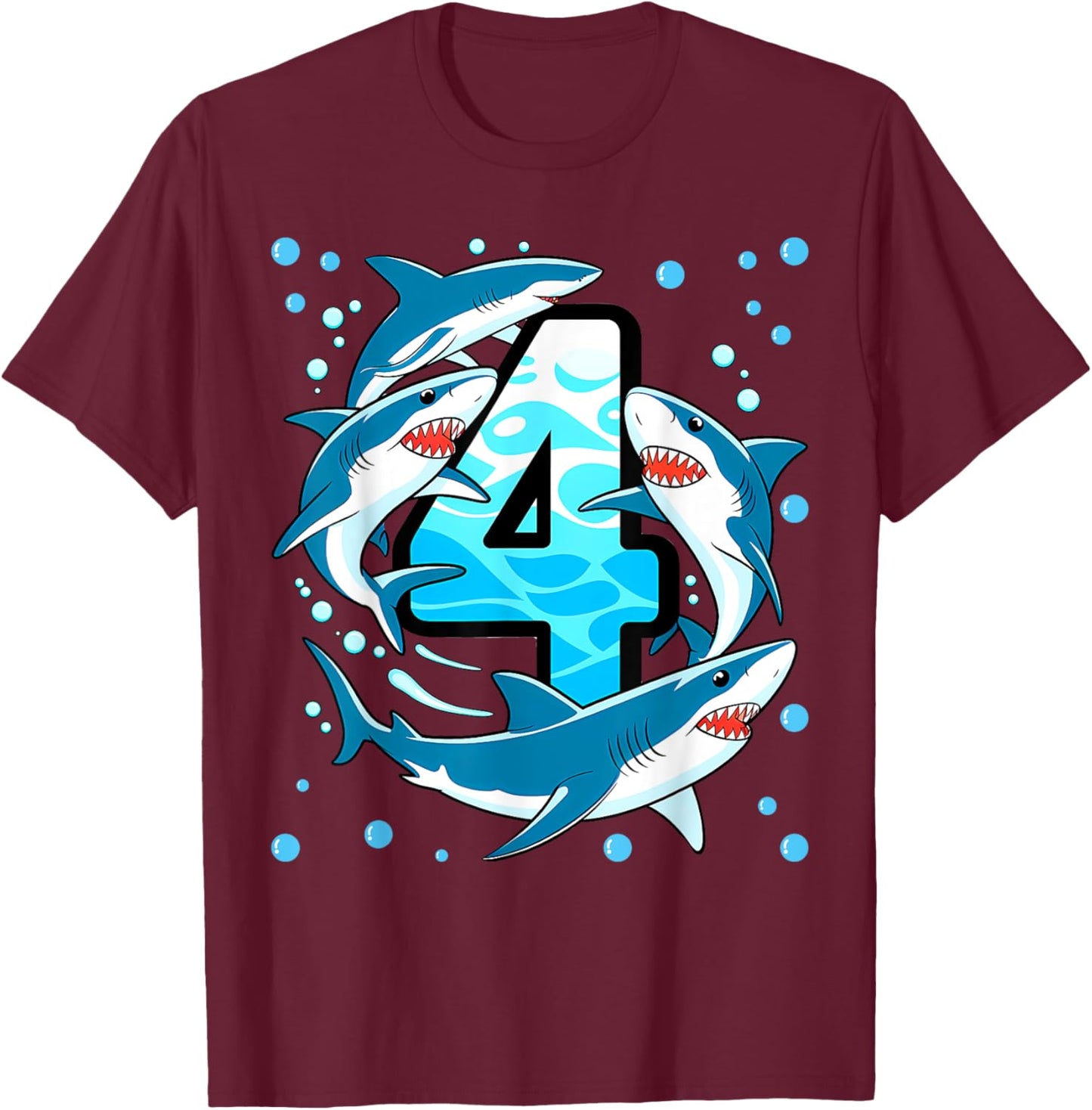Shark 4th Birthday Boy 4 Four Shark Theme Party T-Shirt - T-Shirt | Maroon