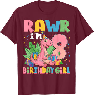 8 Years Old Birthday Girl Dinosaur 8th Birthday Party T-Shirt - T-Shirt | Maroon