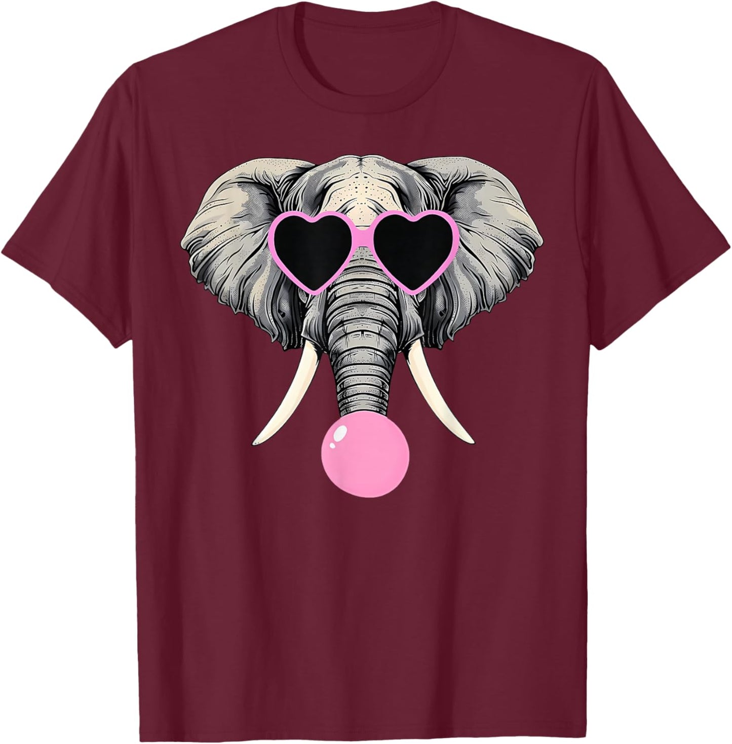 Funny Elephant Wearing Glasses and Blowing Pink Bubble Gum T-Shirt - T-Shirt | Maroon