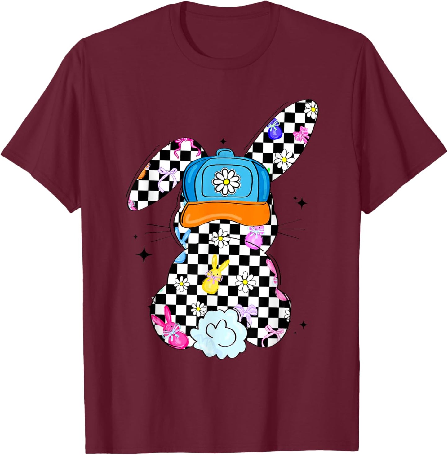 Checkerboard Easter Bunny Tween Boys Girls Teens T-Shirt - T-Shirt | Maroon
