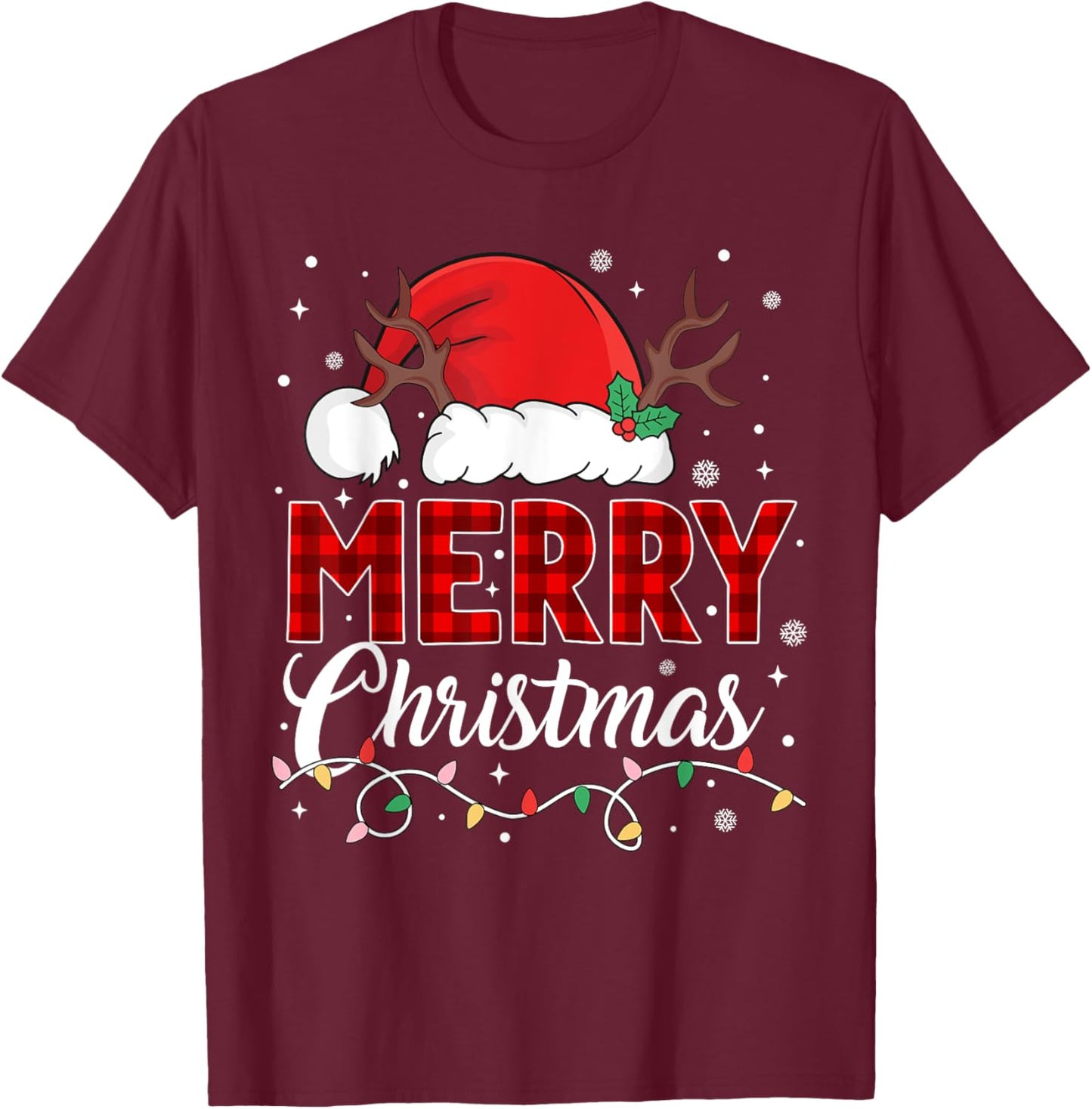 Merry Christmas Lights Red Santa Hat Xmas Family Men Women T-Shirt - T-Shirt | Maroon