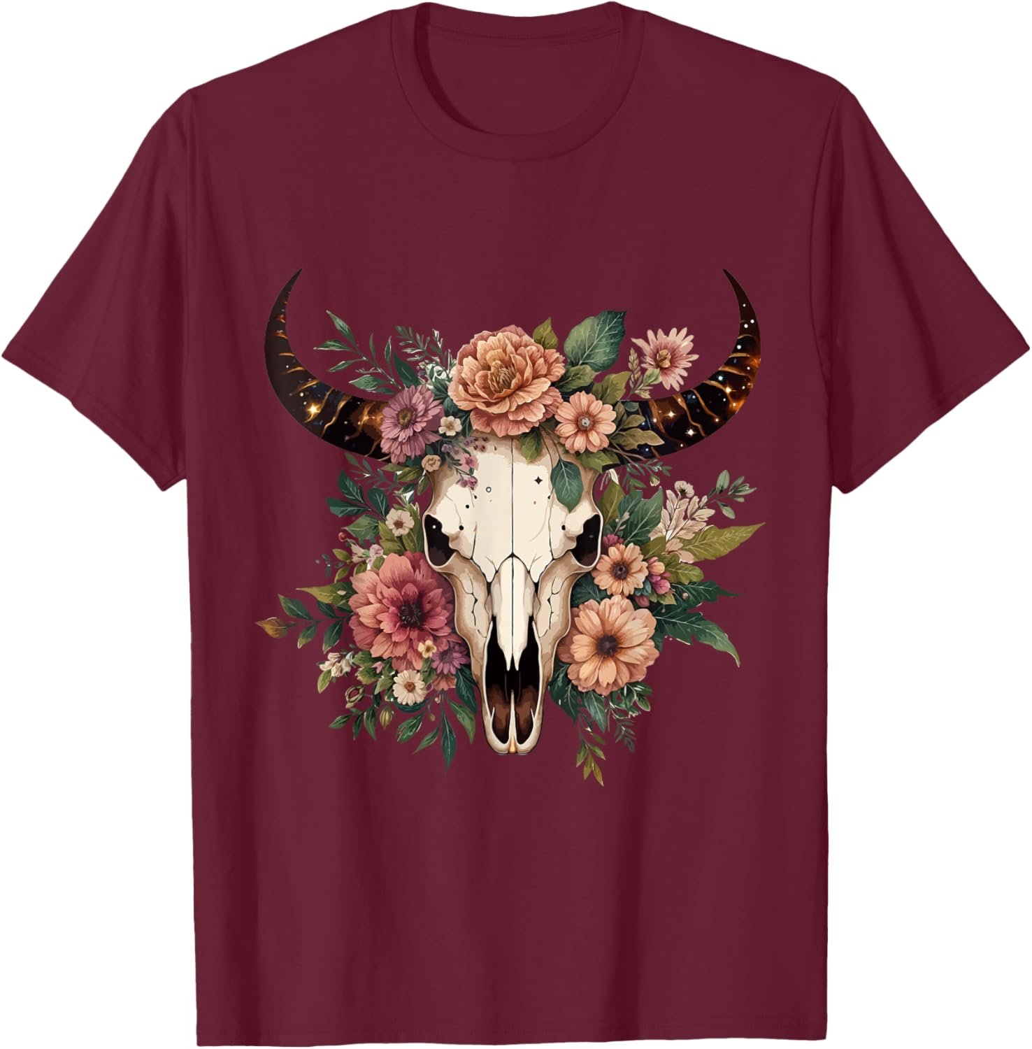 Boho Cow Bull Skull Flowers Wild west Western Cowgirl Texans T-Shirt - T-Shirt | Maroon