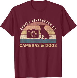Easily Distracted By Cameras & Dogs Retro Funny Photographer T-Shirt - T-Shirt | Maroon