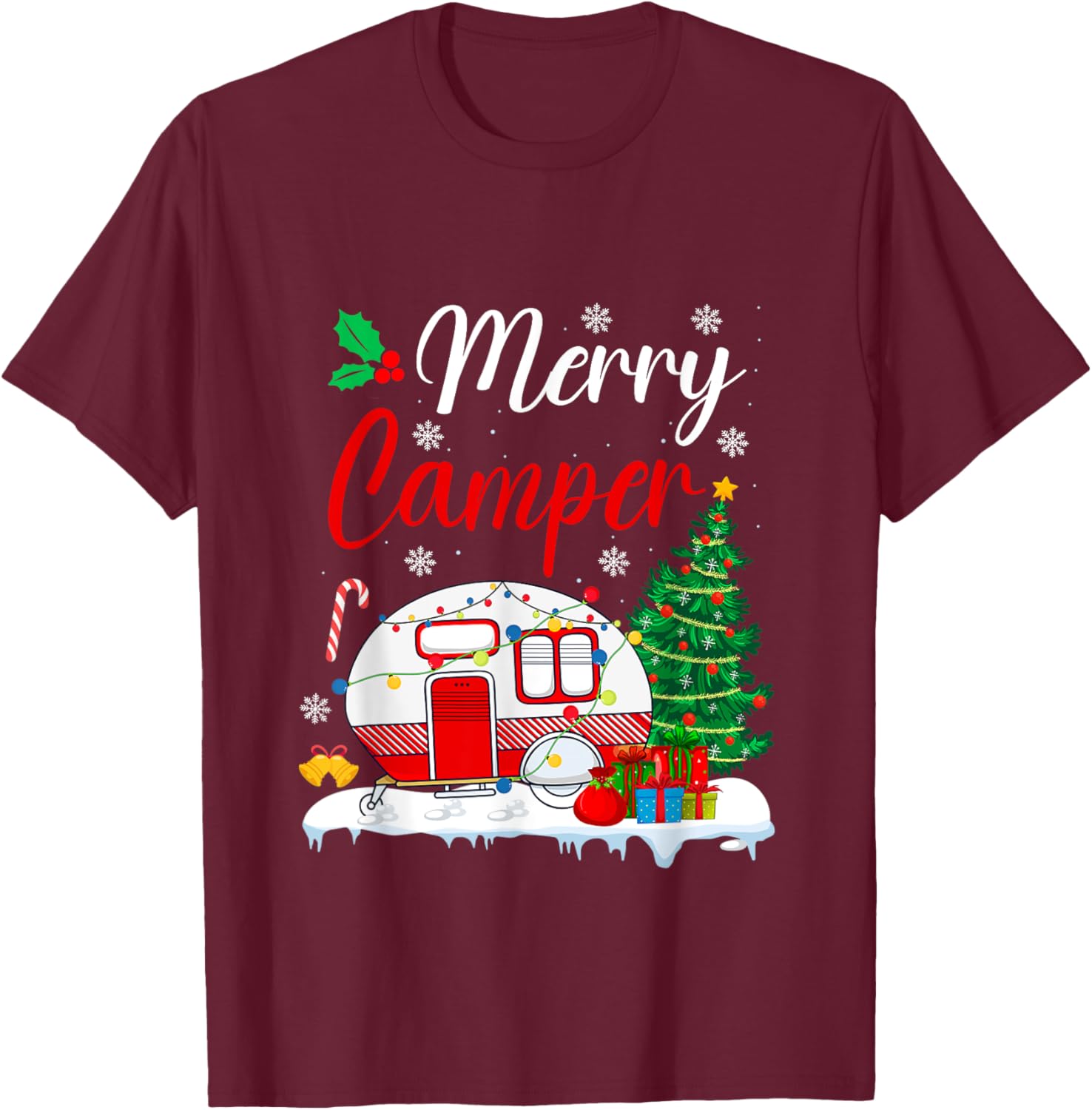 Merry Camper Christmas Camping Xmas T-Shirt - T-Shirt | Maroon
