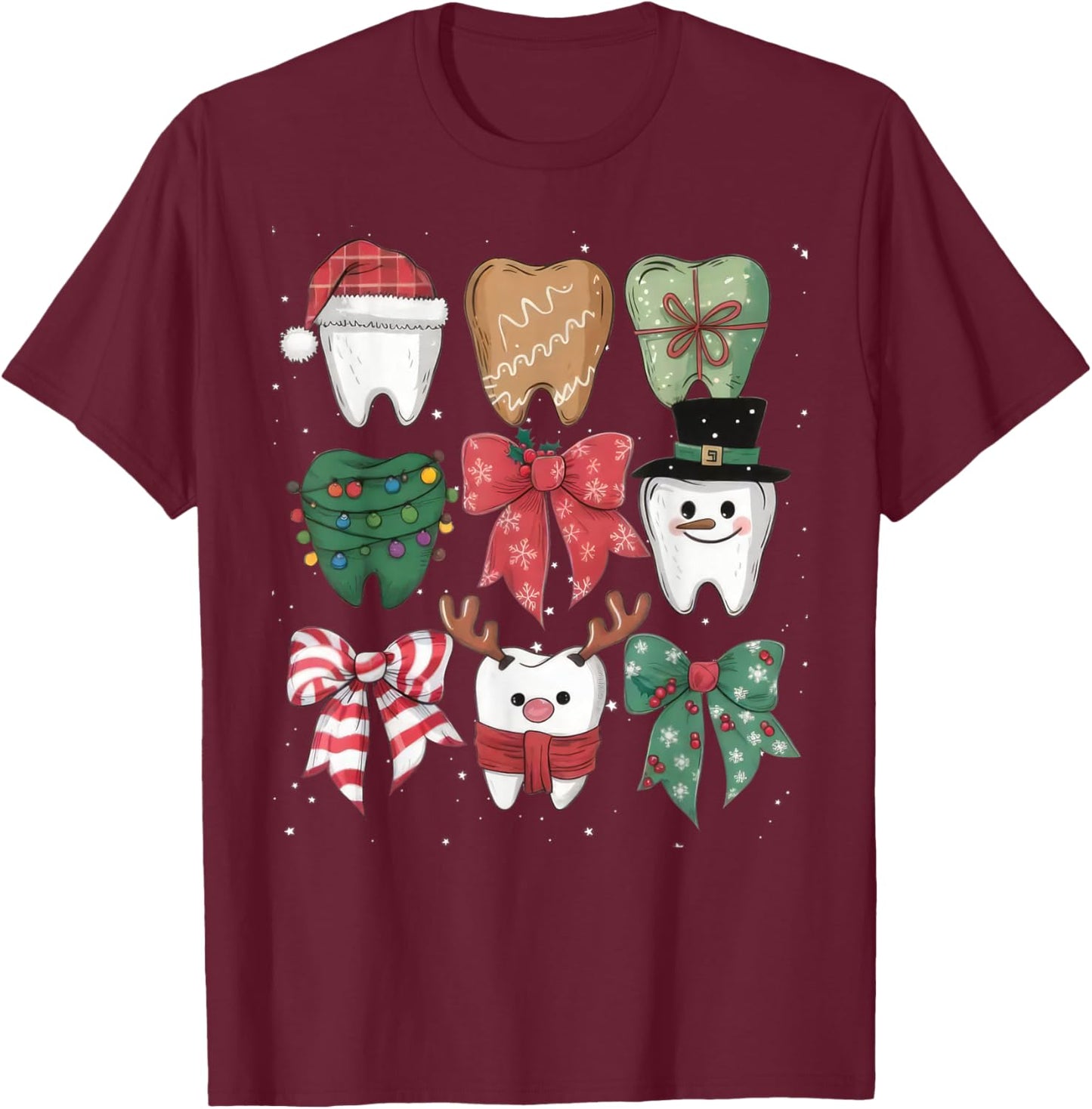 Coquette Bow Dental Christmas Dentist Teeth Dental Hygienist T-Shirt - T-Shirt | Maroon