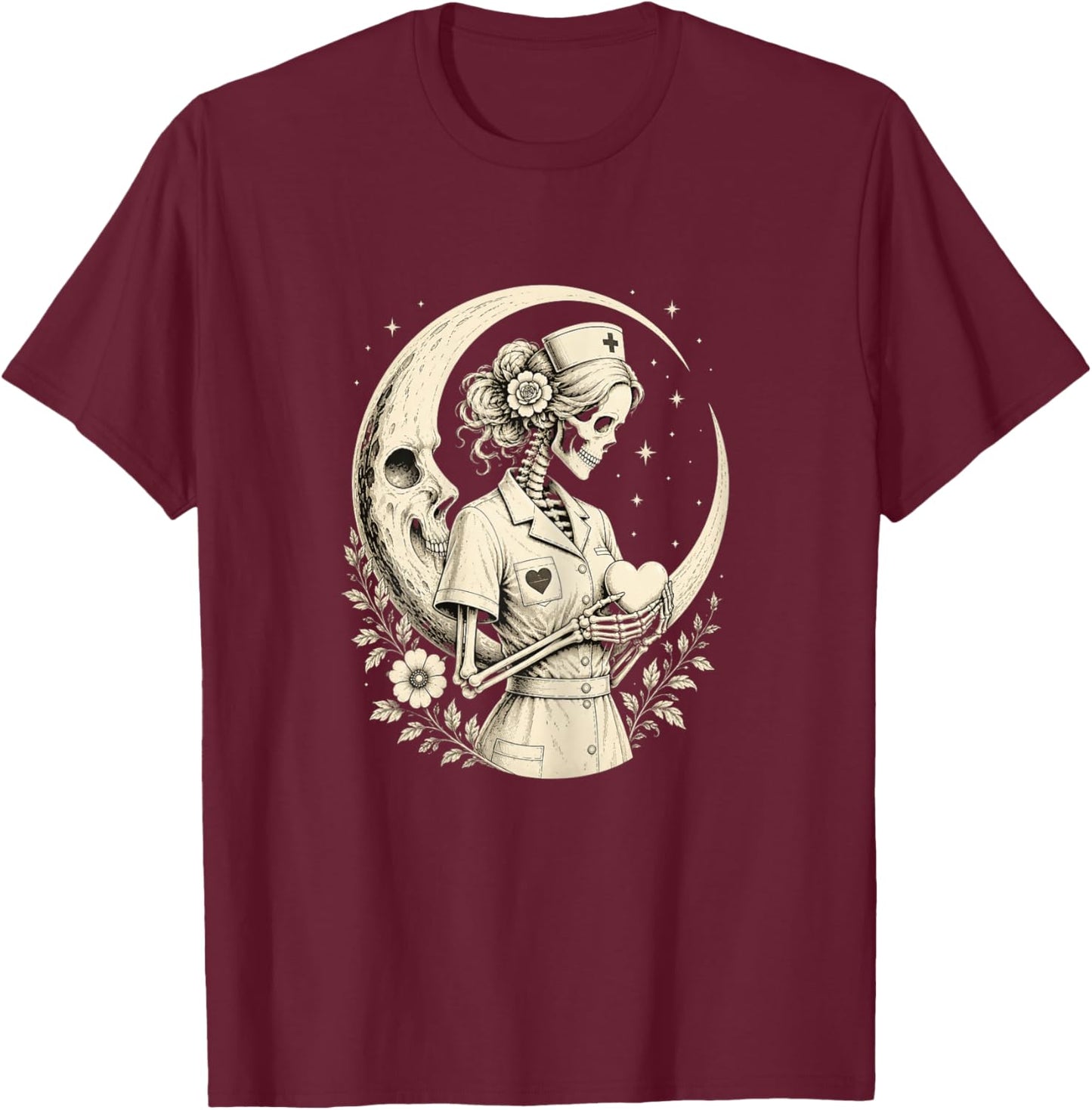 Gothic Skull Nurse Art T-Shirt - T-Shirt | Maroon