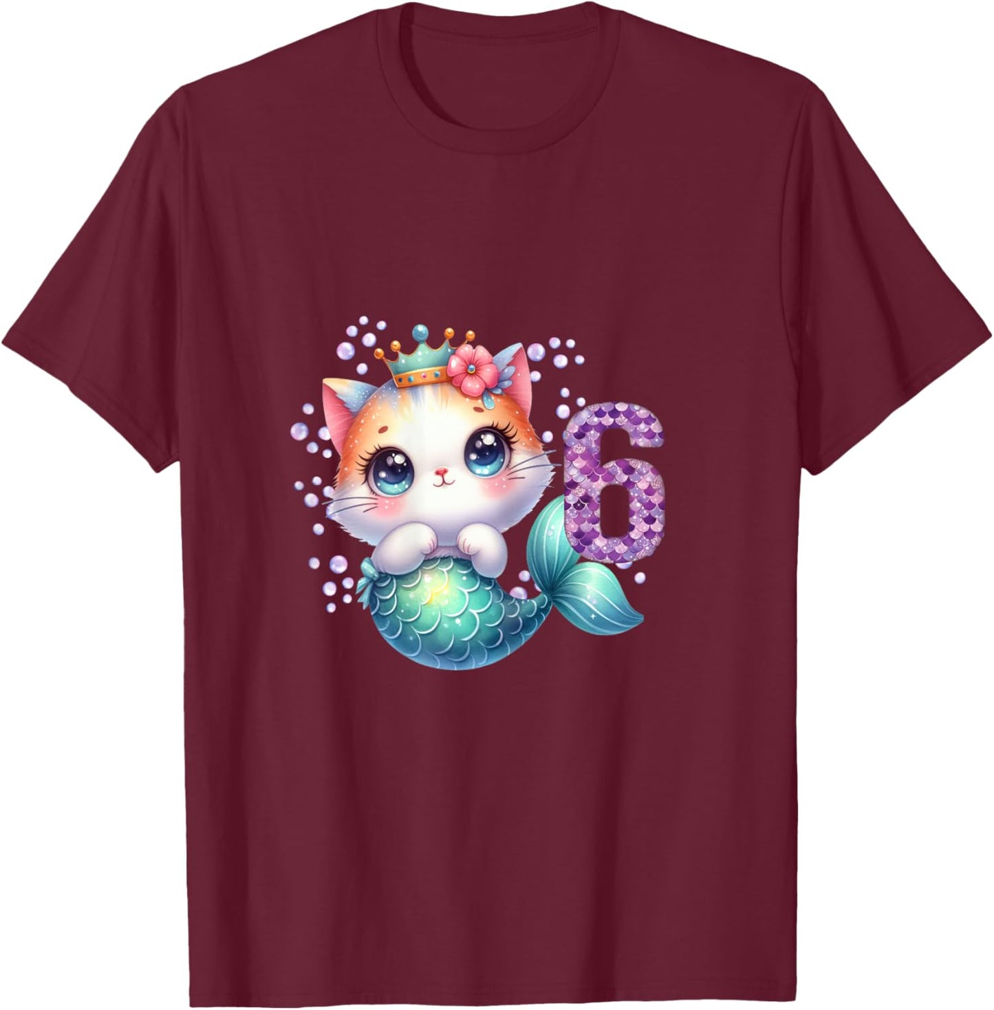 Cat Mermaid 6th Birthday 6 Year Old Party Girls Outfit T-Shirt - T-Shirt | Maroon