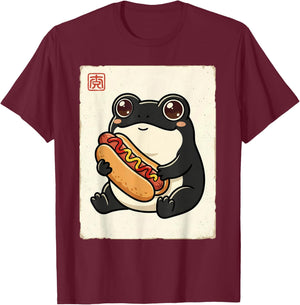 Cute Frog Eating Hot Dog Kawaii Toad Foodie Funny T-Shirt - T-Shirt | Maroon