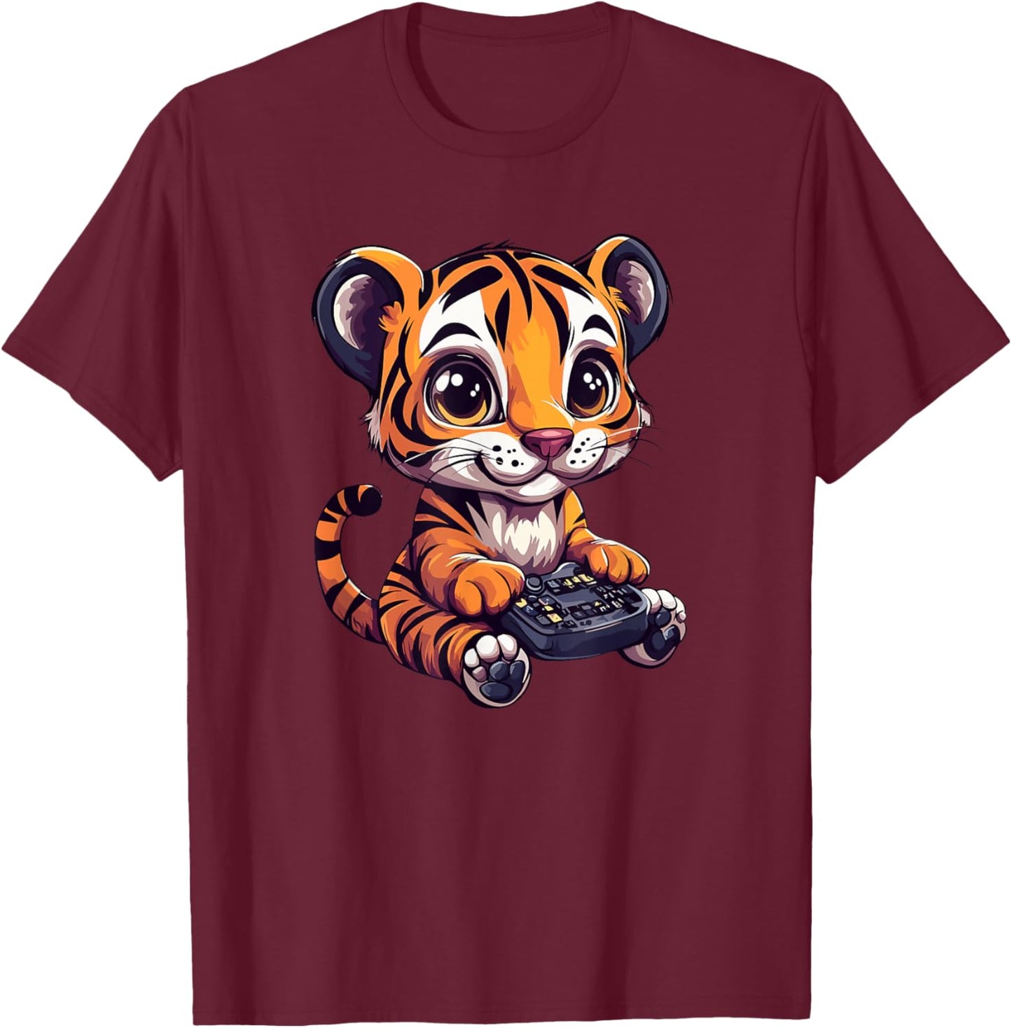 Cute Tiger Playing Video Games Fun T-Shirt - T-Shirt | Maroon