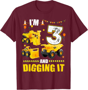 I'm 3 Years Old And Digging It 3rd Birthday Construction T-Shirt - T-Shirt | Maroon