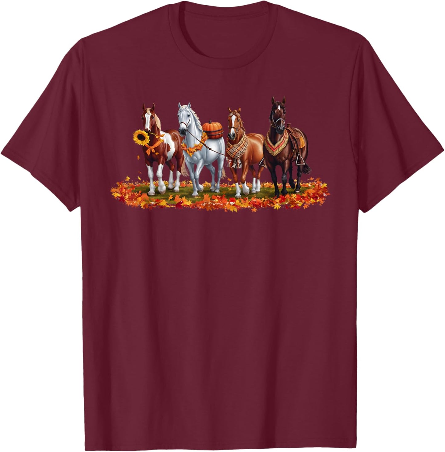 Fall Horse Animal Thanksgiving Sunflowers Pumpkin Leaves T-Shirt - T-Shirt | Maroon