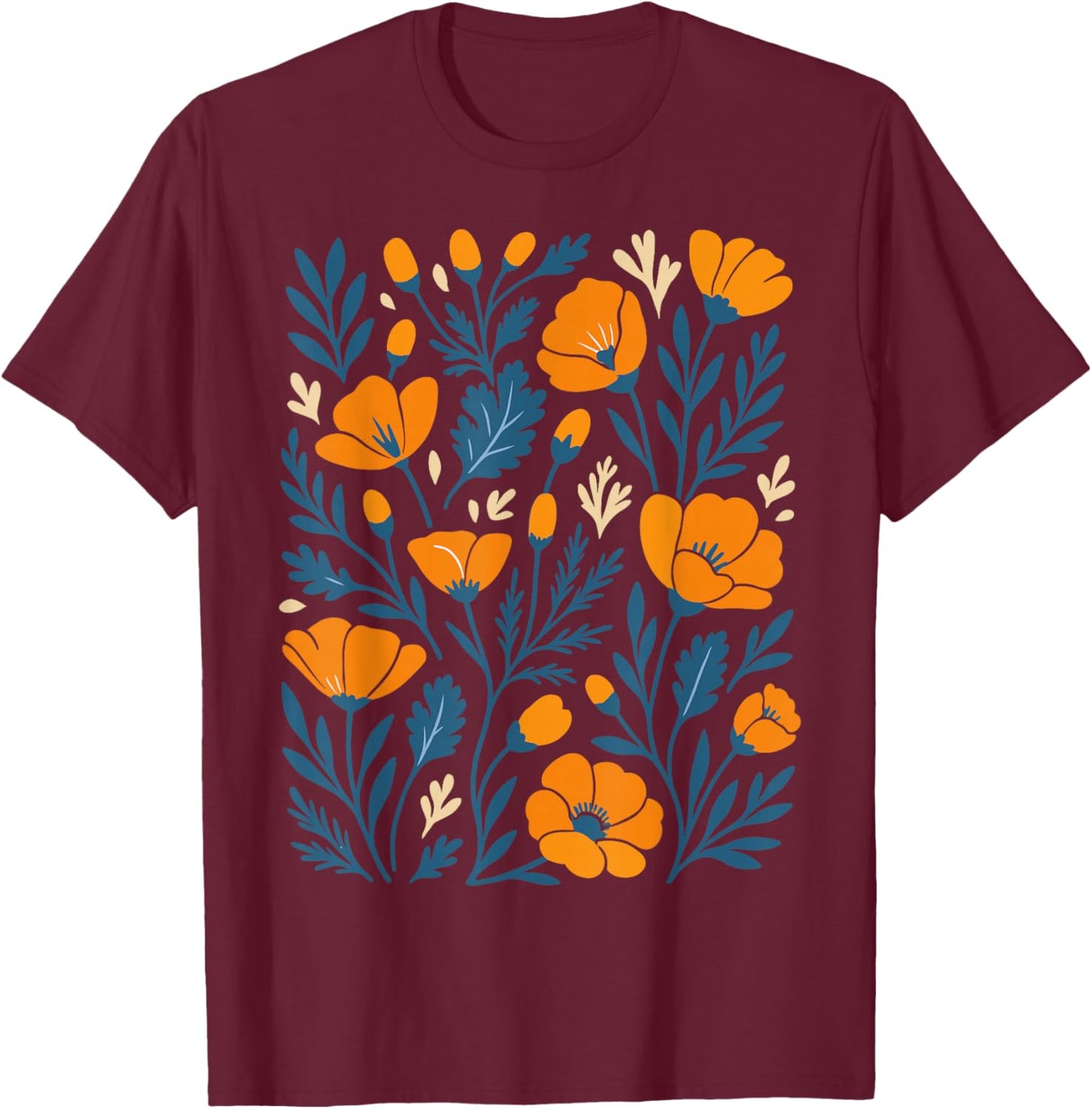 California Poppy Flower Botanical Garden T-Shirt - T-Shirt | Maroon