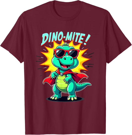 Dino-Mite – Superhero T-Rex Graphic Pun for Kids T-Shirt - T-Shirt | Maroon
