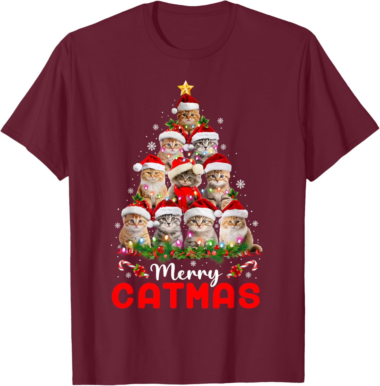 Meowy Catmas Cat Christmas Tree Lights Funny Xmas Pajamas T-Shirt - T-Shirt | Maroon