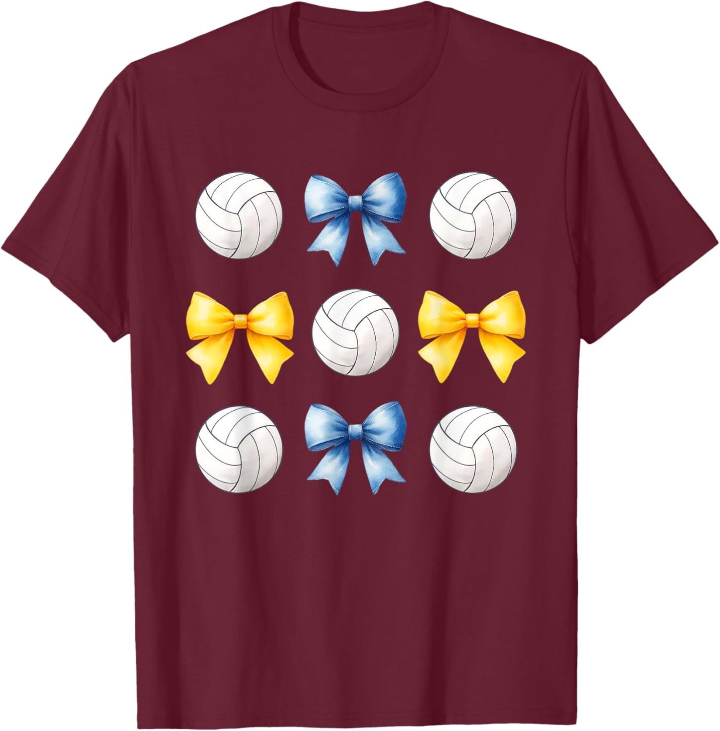 Volleyballs & Blue & Yellow Gold Bows Volleyball Team Player T-Shirt - T-Shirt | Maroon