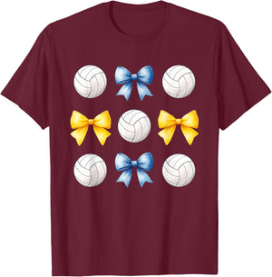 Volleyballs & Blue & Yellow Gold Bows Volleyball Team Player T-Shirt - T-Shirt | Maroon