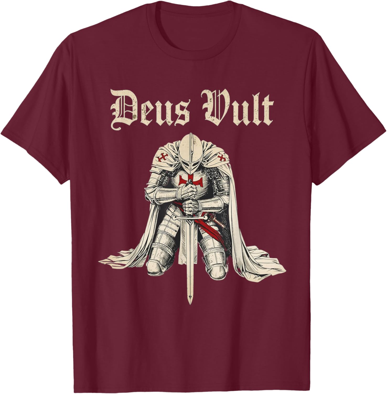 Vintage Deus Vult Templar Knight of The Crusades T-Shirt - T-Shirt | Maroon