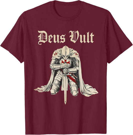 Vintage Deus Vult Templar Knight of The Crusades T-Shirt - T-Shirt | Maroon