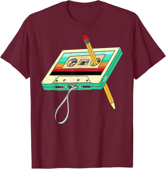 80s Cassette Tape Pencil 1980s Retro Vintage Throwback Music T-Shirt - T-Shirt | Maroon