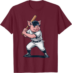 Funny Pig Playing Baseball Artwork Vintage Animal Baseballer T-Shirt - T-Shirt | Maroon
