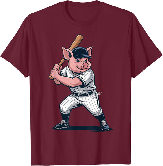 Funny Pig Playing Baseball Artwork Vintage Animal Baseballer T-Shirt - T-Shirt | Maroon
