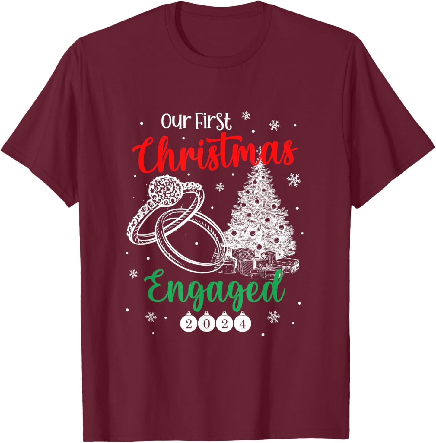 1st Christmas Engaged 2024 Matching Couples Mr and Mrs Xmas T-Shirt - T-Shirt | Maroon