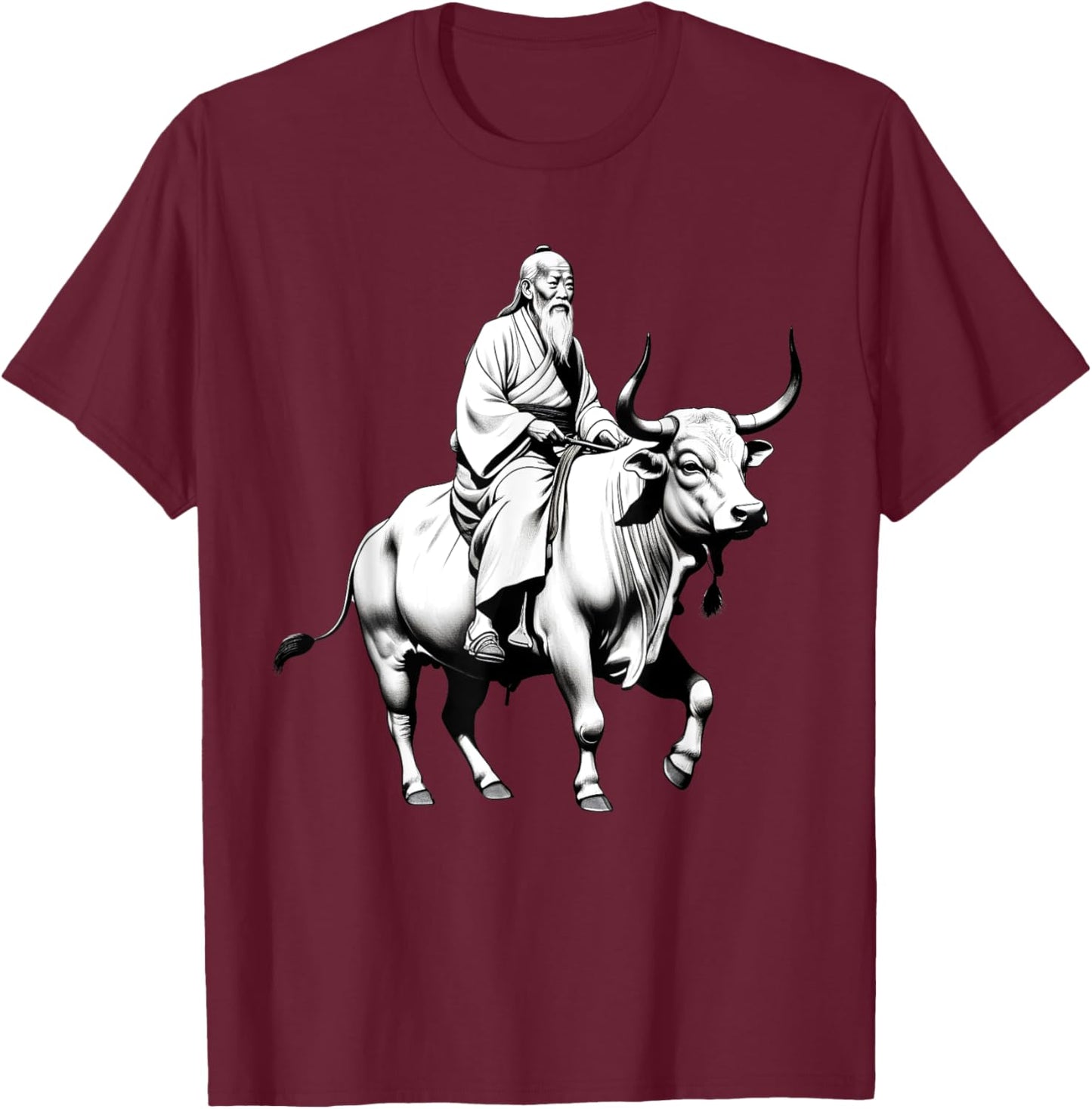 Vintage Spiritual Design Lao Tzu Riding An Ox, Tao Te Ching -Adults, -Kids Grey Short Sleeve Classic Fit Polyester T-Shirt - T-Shirt | Maroon