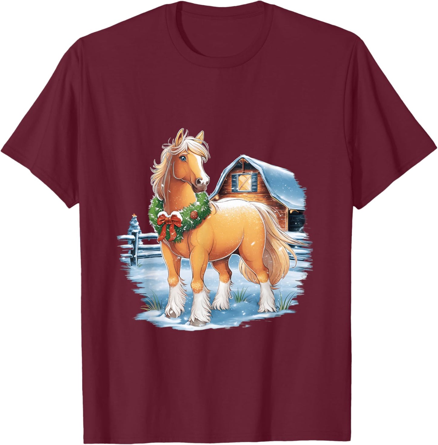 Festive Horse with Wreath in Snowy Barnyard Scene T-Shirt - T-Shirt | Maroon