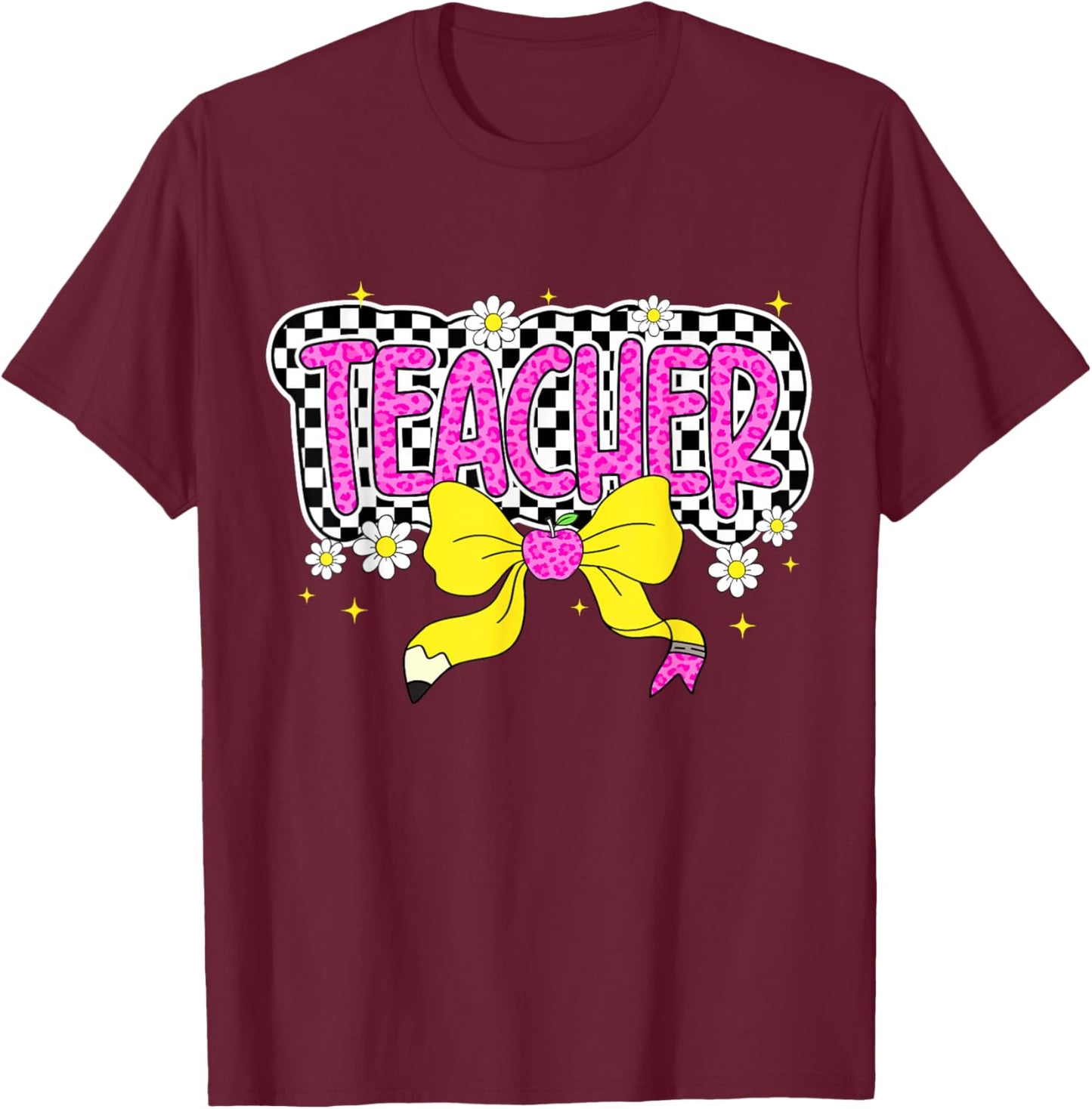 Retro Checkered Pink Bow Teacher Back To School T-Shirt - T-Shirt | Maroon
