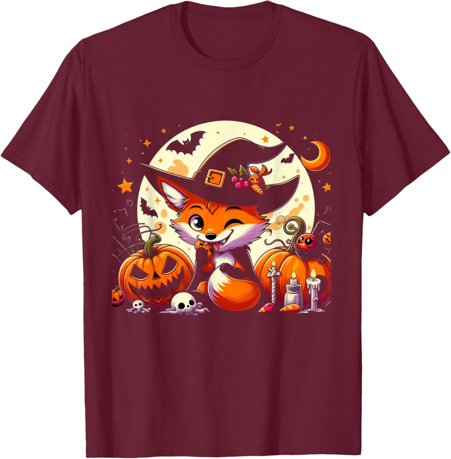 Halloween Fox Witch Pumpkin Fox T-Shirt - T-Shirt | Maroon