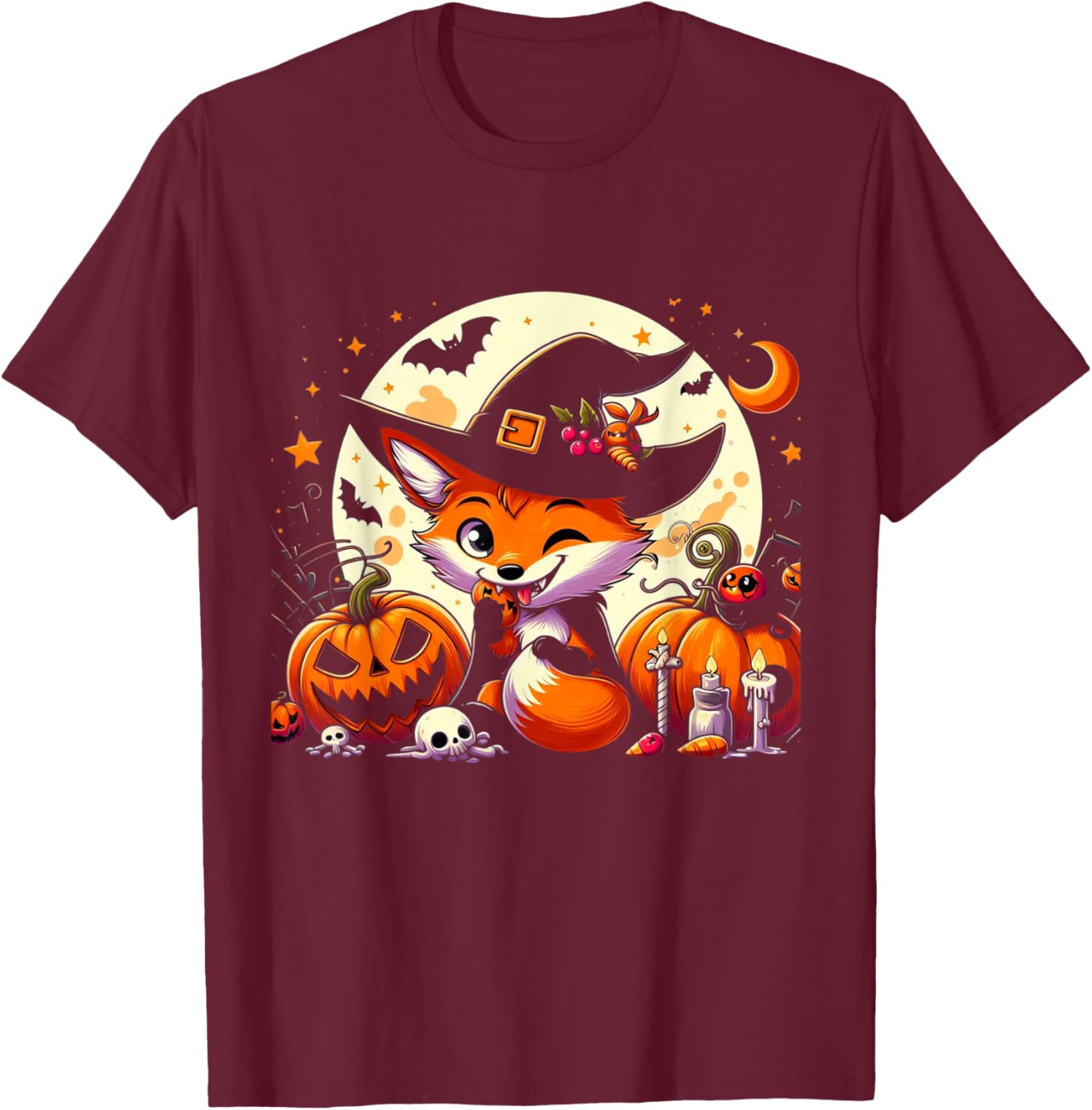 Halloween Fox Witch Pumpkin Fox T-Shirt - T-Shirt | Maroon