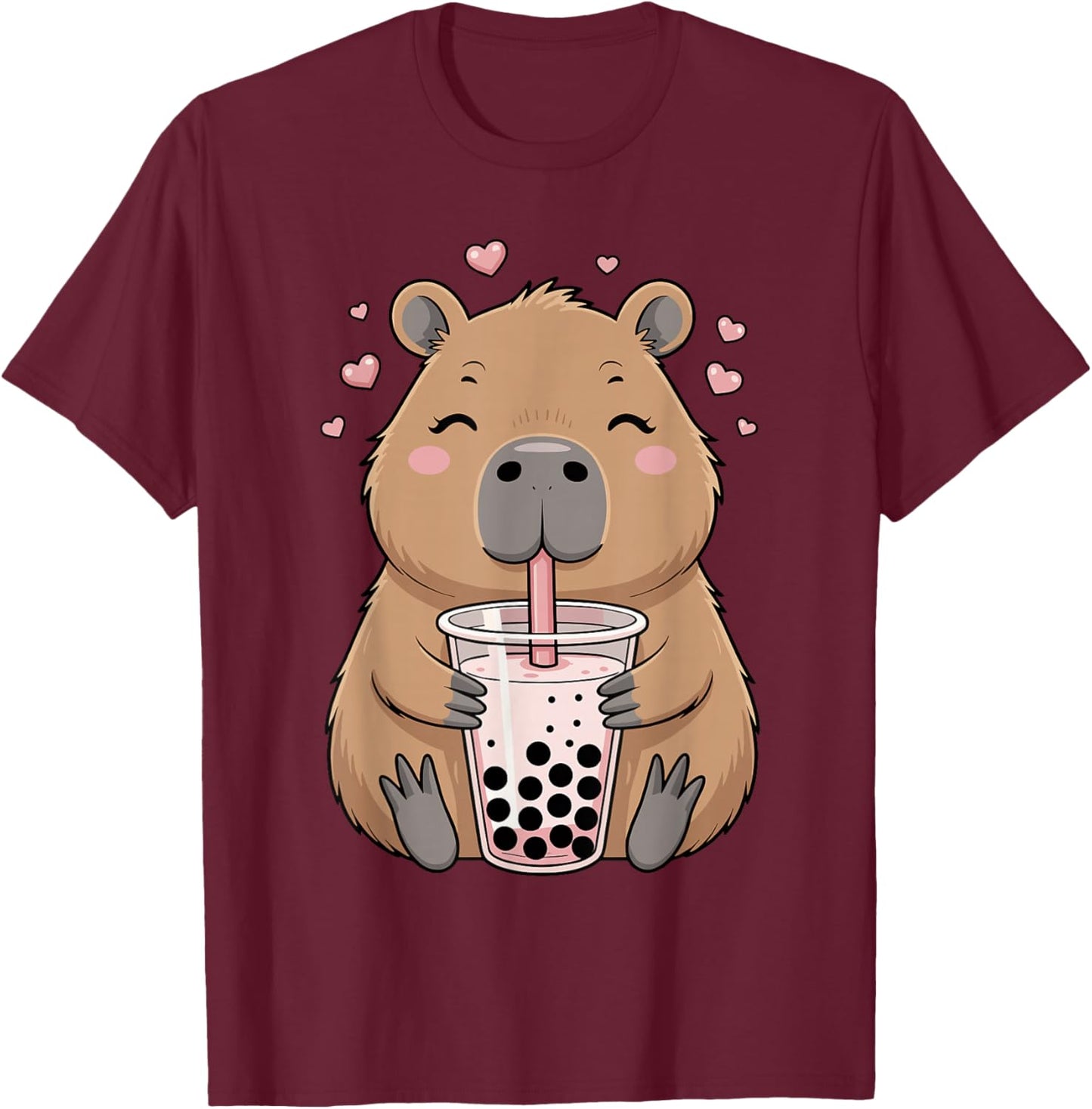 Lovely Bubble Tea Capybara for Girls, Kawaii T-Shirt - T-Shirt | Maroon