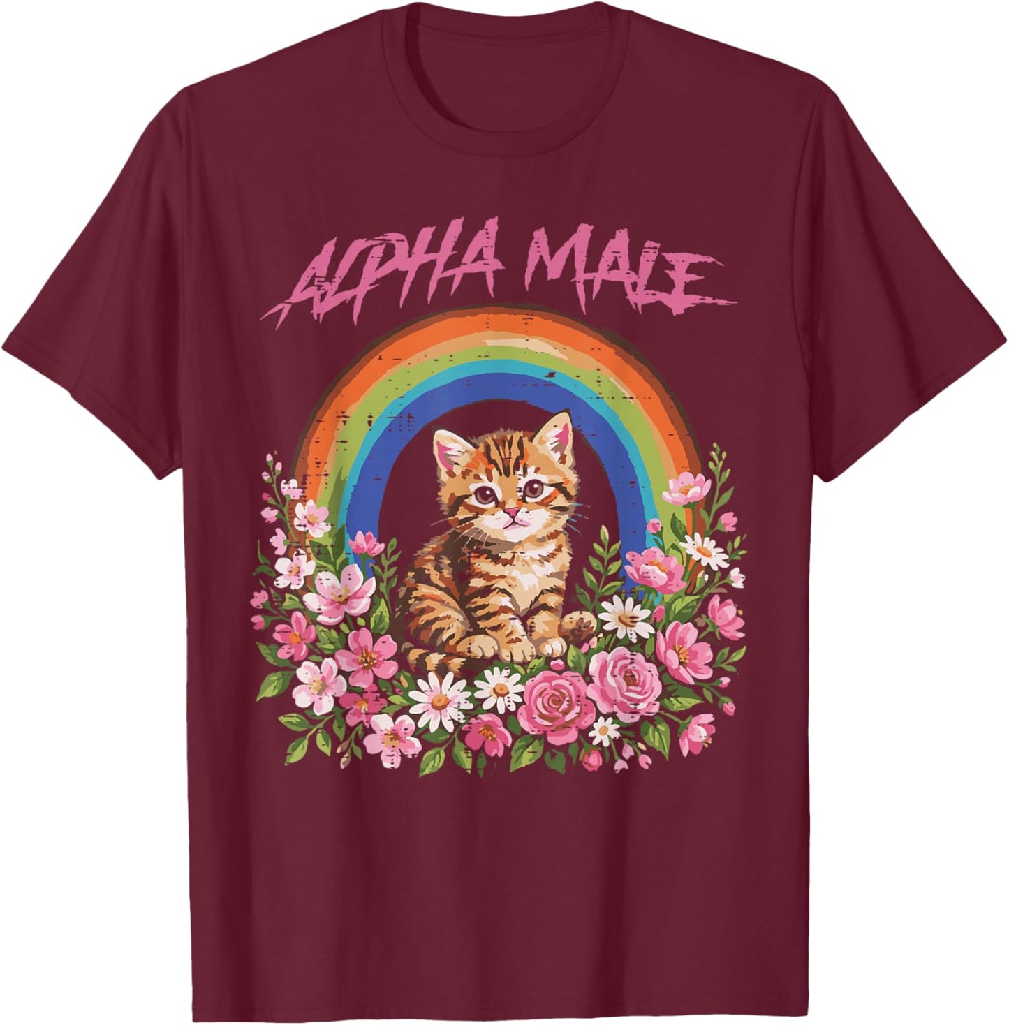 Alpha Male Kitten Rainbow Flowers Funny Cat Meme Men Boys T-Shirt - T-Shirt | Maroon