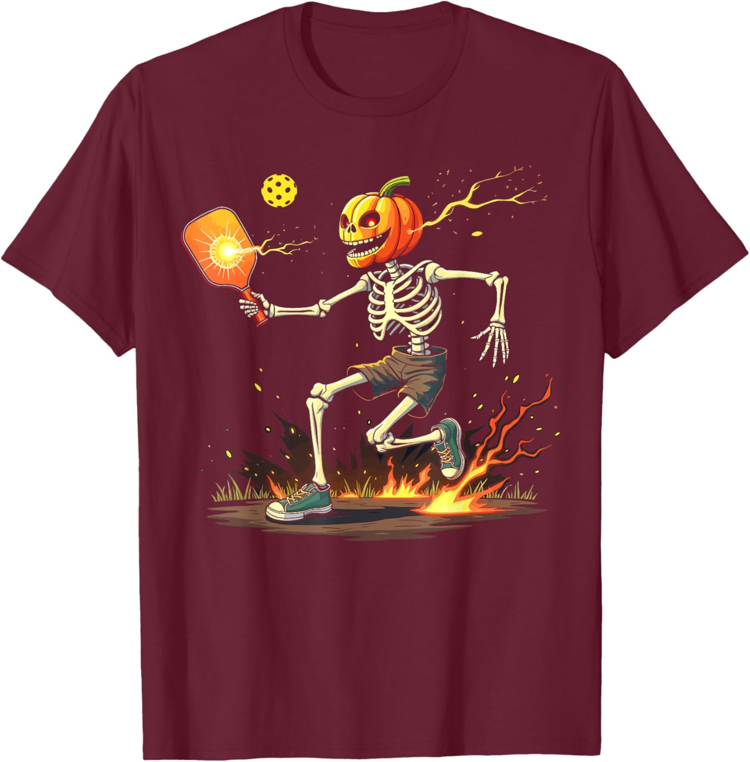 Pumpkin Head Skeleton Pickleball Halloween Spooky Sports T-Shirt - T-Shirt | Maroon