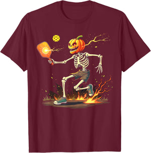 Pumpkin Head Skeleton Pickleball Halloween Spooky Sports T-Shirt - T-Shirt | Maroon