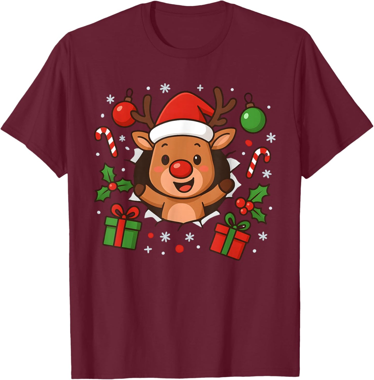 Funny Reindeer Christmas Cute Winter Holiday Cartoon Art T-Shirt - T-Shirt | Maroon