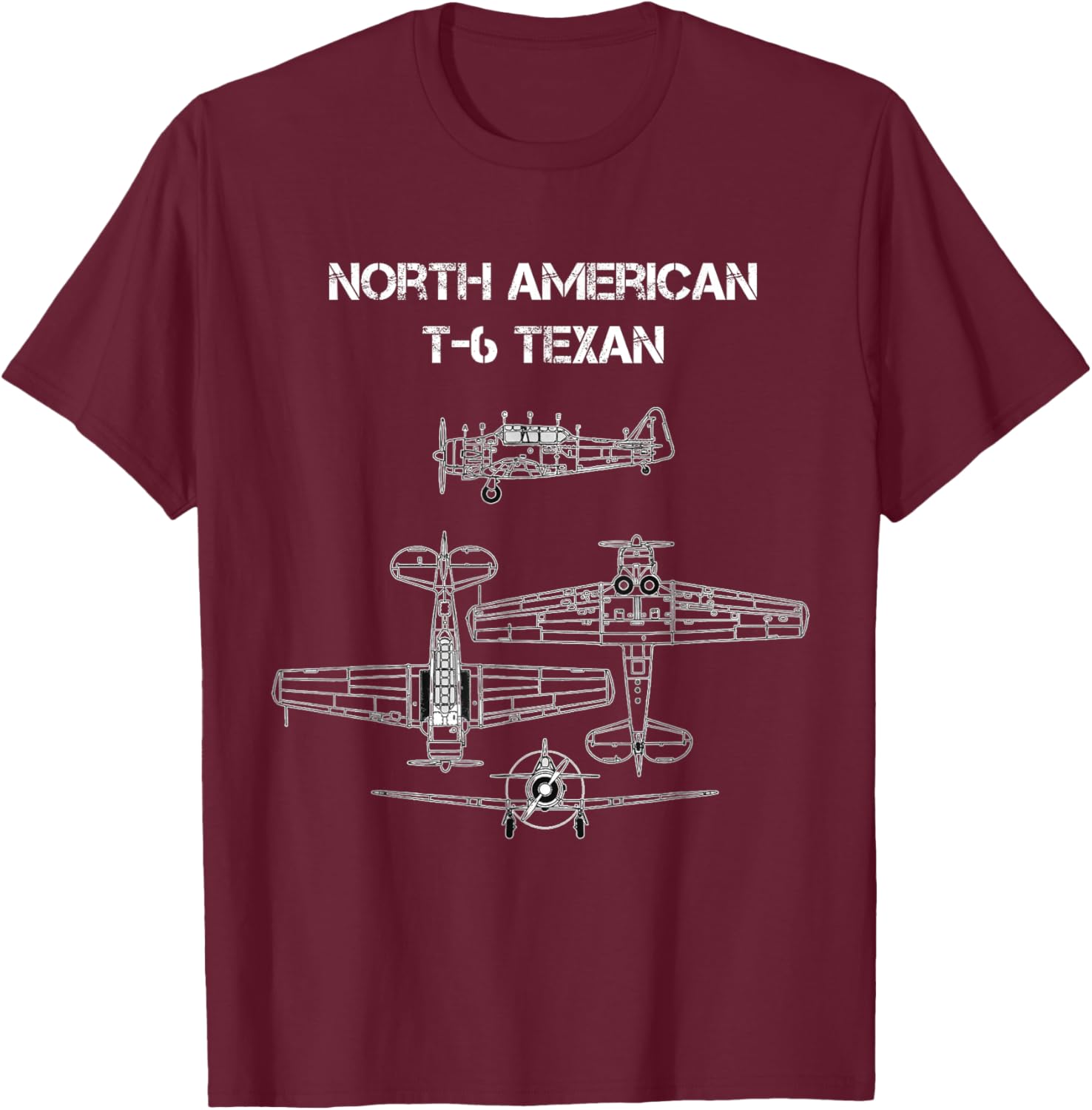North American T6 Texan Harvard SNJ WW2 Airplane Blueprint T-Shirt - T-Shirt | Maroon